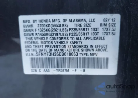 2012 Honda Pilot Lx z USA, uszkodzony, nr VIN 5FNYF3H26CB018663